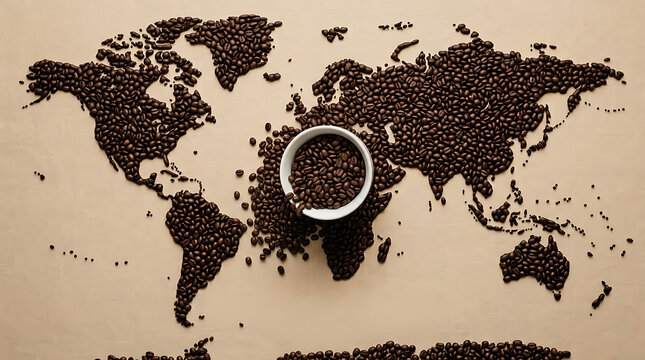 World map creative illustration concept made from roasted coffee beans layout