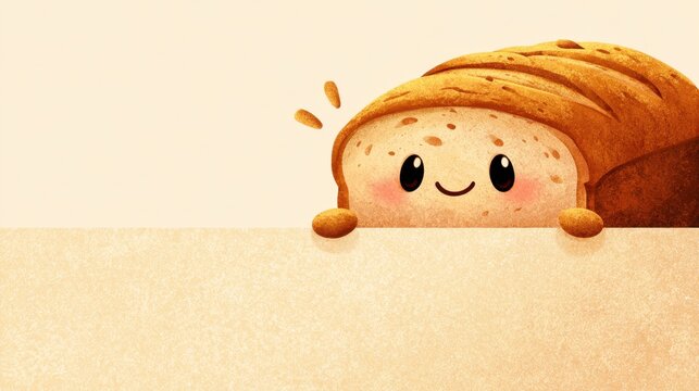 Cute Bread Character Peeking: A charming illustration of a smiling loaf of bread with cute facial features and tiny hands peeking over a blank space, exuding warmth and friendliness.