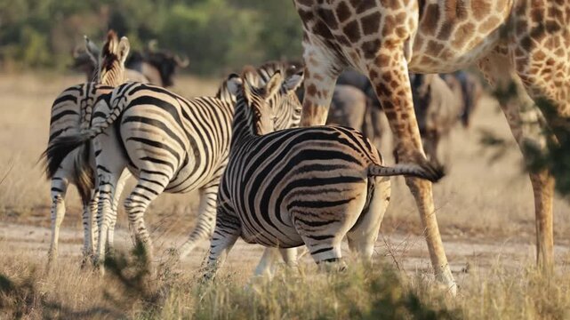  Zebras, giraffes and blue wildebeest watching the predator.