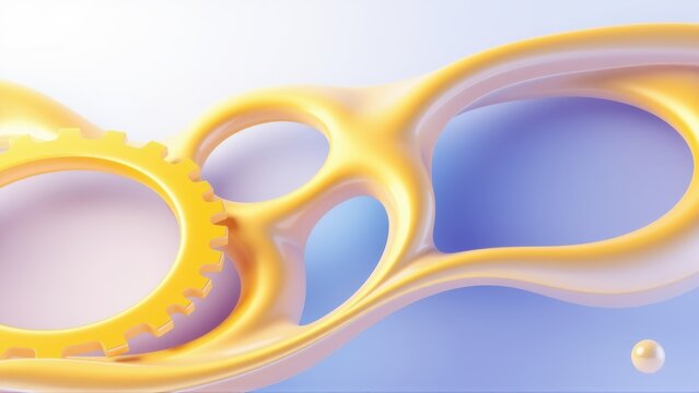 Abstract golden gears, fluid shapes, soft light. Minimalist composition, pearl accent, smooth textures, modern design.