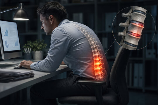 Office Worker with Poor Posture and Lumbar Spine Compression at Desk