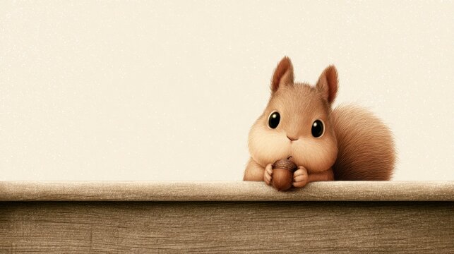 Cute Squirrel Holding Nut: An adorable, cartoonish squirrel with big eyes and chubby cheeks rests on a wooden surface, holding a single acorn in its paws.