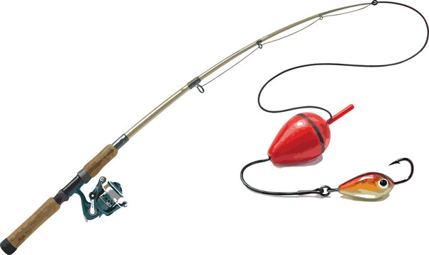 Fishing rod with spinning reel, bobber, and fishing lure isolated on white background for angling, freshwater sport fishing, outdoor recreation, and tackle design