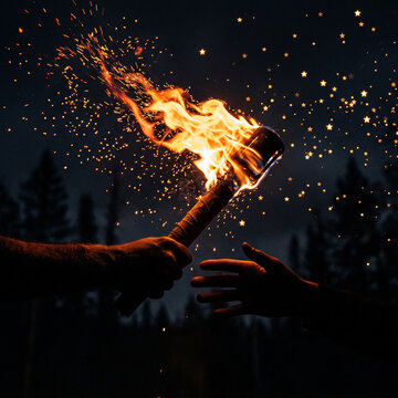 Passing Fiery Torch in Dark Night with Sparks and Stars