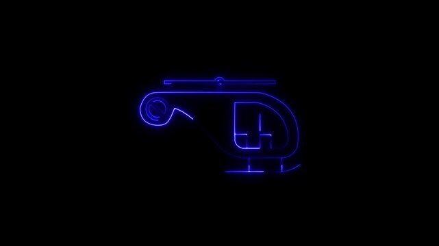 Purple and cyan outline helicopter with pilot figure on black background icon symbol