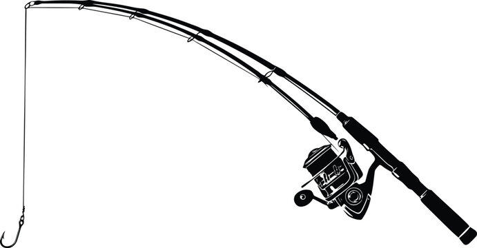 Bent fishing rod with spinning reel and hook silhouette isolated on white background for angling, outdoor recreation, sport fishing, and equipment design