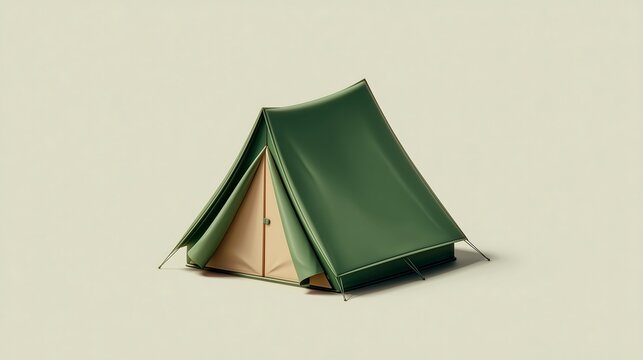 Minimal 3D hiking tent icon with green camping shelter, smooth matte finish, modern outdoor adventure concept on soft beige background.
