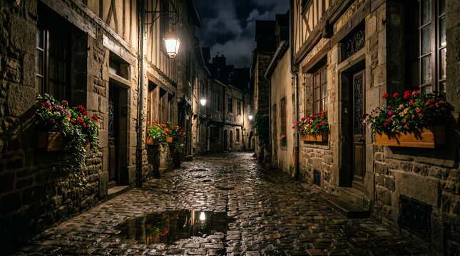 Cobblestone Alley at Night with Flower Boxes and Puddles