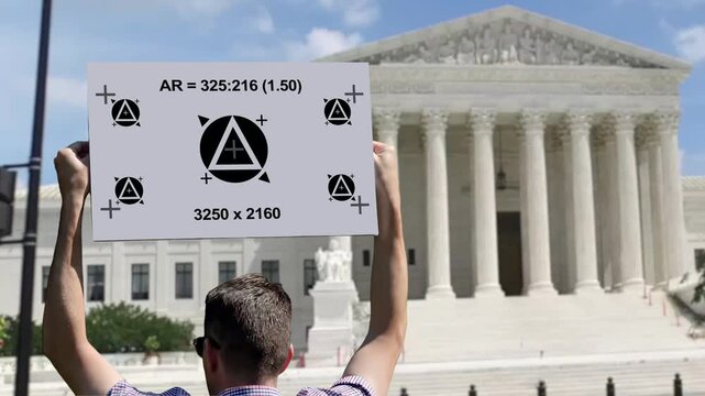 Rear view of a protester holding a motion tracking sign in front of the United States Supreme Court, designed for replacing the sign with custom messages in post-production. 15227
