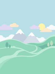 Obraz premium Minimalist flat landscape background with green hills snowy mountains and pastel clouds vertical