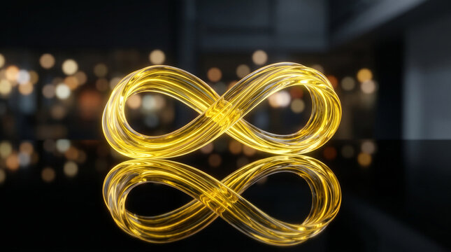 Golden Infinity Symbol Gleaming with Light, Reflecting on Dark Surface, Abstract Concept