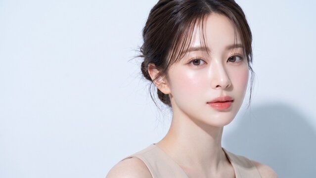 淡いブルーのスタジオ背景で静かにカメラを見つめるまとめ髪の若いアジア人女性、透明感のあるツヤ肌とナチュラルメイクが印象的な美容・スキンケア広告向けビューティーポートレート