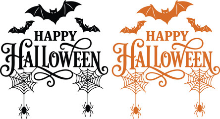Happy halloween greeting cards with bats spiders and webs © MH