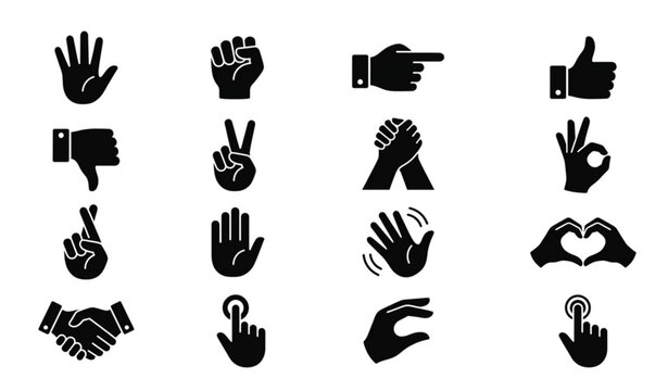 Monochrome hand icon collection with human gestures fingers communication and touch control symbols vector illustration