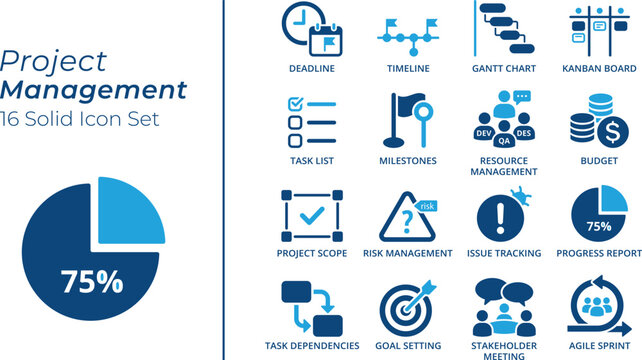 Project Management 16 Solid Icon Set. Includes Symbols Timeline, Milestone, Risk Management, Goal Settings. Blue Vector Icon Collection