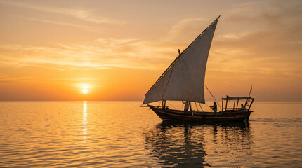 Fototapeta premium Traditional Dhow Boat Sailing at Golden Sunset Over Calm Sea