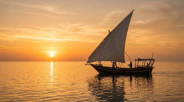 Traditional Dhow Boat Sailing at Golden Sunset Over Calm Sea