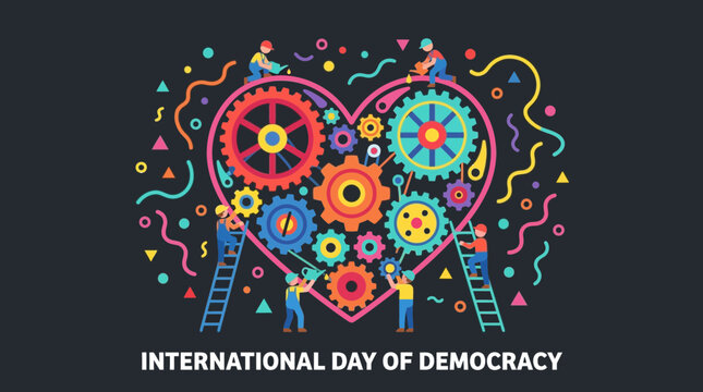 International Day of Democracy Illustration with Heart Shaped Gears and Workers