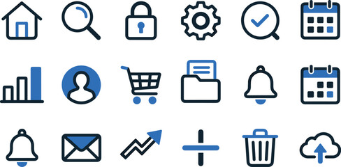 Fototapeta premium Minimalist UI UX Web Vector Icon Set Featuring Home Search Lock Settings Calendar User Shopping Cart and Cloud Upload Symbols