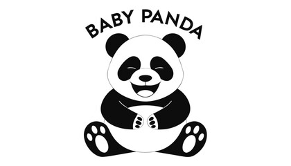 Very beautiful black and white vector illustration of a cute baby panda featuring a bold label reading "BABY PANDA", sitting front view, happy smiling face, round ears, chubby body, clean cartoon line © williamnoah