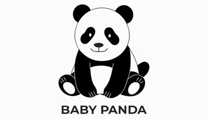 Very beautiful black and white vector illustration of a cute baby panda featuring a bold label reading "BABY PANDA", sitting front view, happy smiling face, round ears, chubby body, clean cartoon line © williamnoah