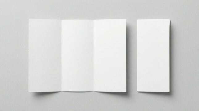 Professional tri-fold brochure mockup set white paper template isolated on soft gray background for corporate stationery design clean minimalist paper product style.