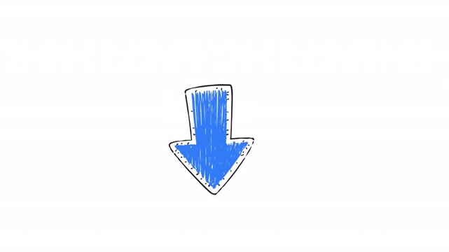 Blue Hand Drawn Down Arrow Doodle Animation 4K - Sketch Style Decrease Download Indicator for Business Infographic Alpha Channel Motion