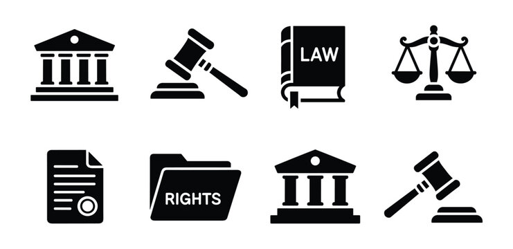 Legal Icons Collection: A compilation of symbols representing justice, law, and legal proceedings. courtroom symbols, justice scales, gavel icon, law book graphic.