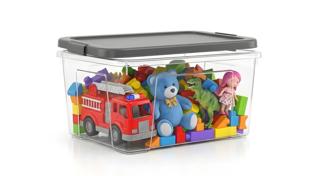 Organizing colorful toys inside a clear plastic storage bin on white background