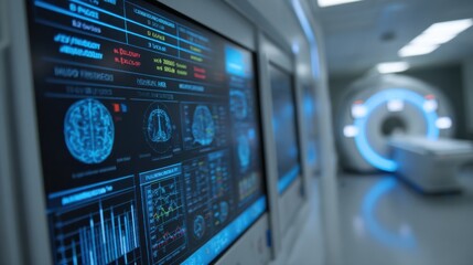 Fototapeta premium Medium shot capturing detailed digital wall featuring scanner operational status and energy use at MRI facility with status board vividly in focus.