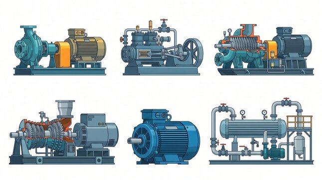 Six diagrams: industrial pumps, turbines, motors, compressors, and heat exchangers