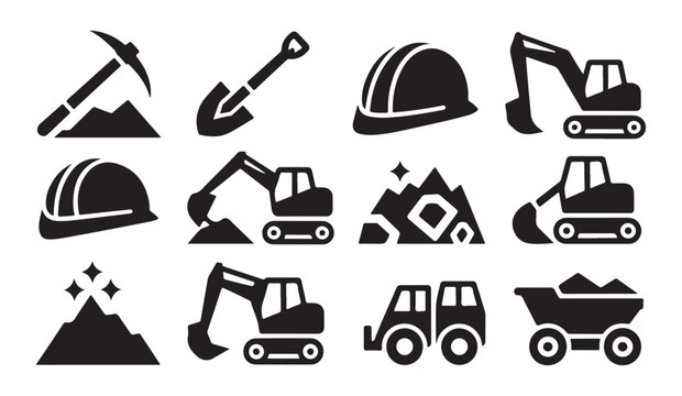 Heavy construction machinery and mining equipment silhouette icons for industry projects.