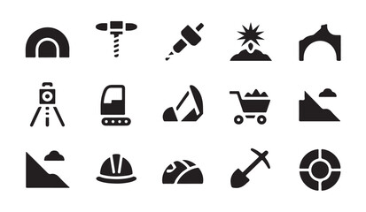 Fototapeta premium Mining industry icon set with excavation tools engineering equipment and construction gear.