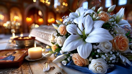 Obraz premium Beautiful Orthodox Easter Scene with Flowers and Candle at Altar Setting