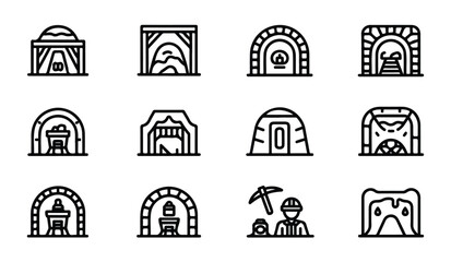 Underground mining tunnel icons showing cave entrances wooden supports and mine cart rails. © MDABDUR