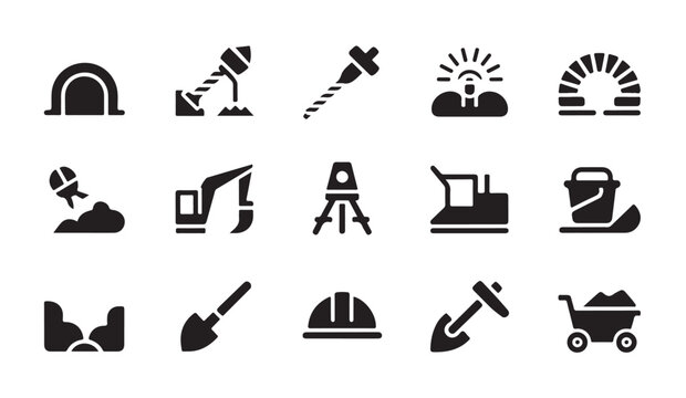 Set of construction and mining icons in solid black silhouette style for engineering projects.