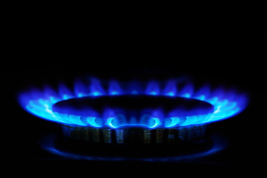 Falames of gas stove in the dark. kitchen gas cooker with burning fire propane gas