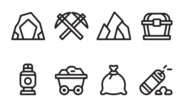 Mining and exploration equipment icons collection featuring various tools and treasure chests.