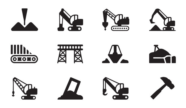 Construction equipment and site icons for earthmoving and building projects.