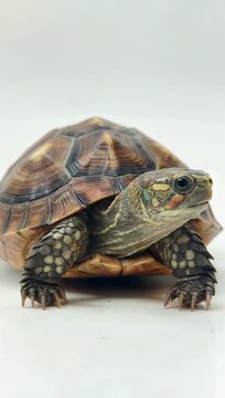 Striking 4K studio recording of a mature woodland box turtle making direct eye contact with the lens before turning its head away isolated cleanly on a solid white backdrop to showcase detailed shell