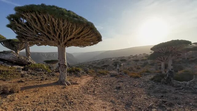 Rocky desert path in warm sunlight. Socotra, Yemen.