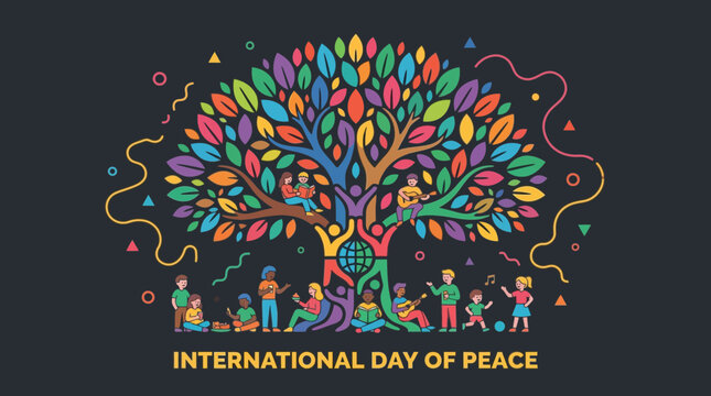 International Day of Peace Concept with Diverse People and Colorful Tree Illustration