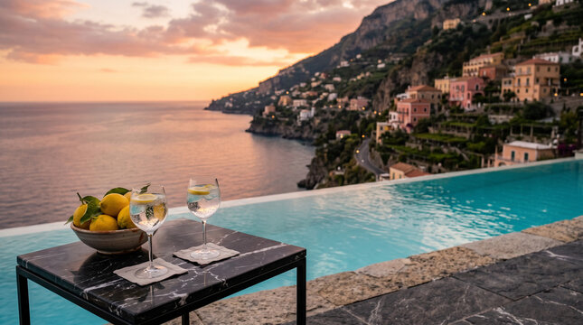 Luxury infinity pool overlooking Amalfi Coast at sunset with drinks and lemons