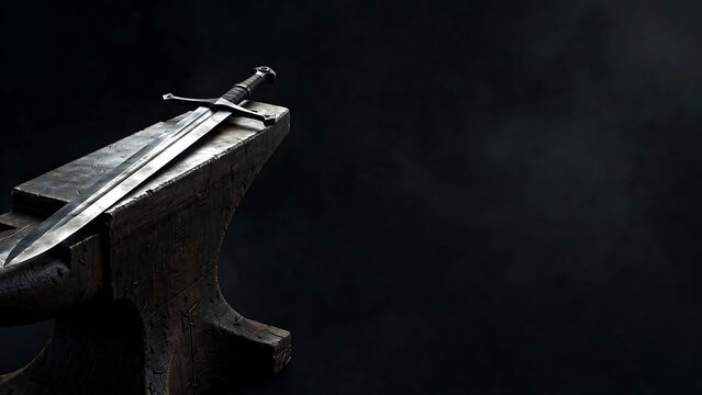 Cinematic background of a medieval steel sword resting on a heavy iron anvil in a dark smithy atmosphere
