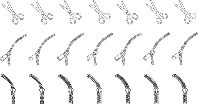 Sewing and tailoring tool icon collection featuring scissors and zipper slider silhouettes isolated on white background for fashion, textile, and craft design