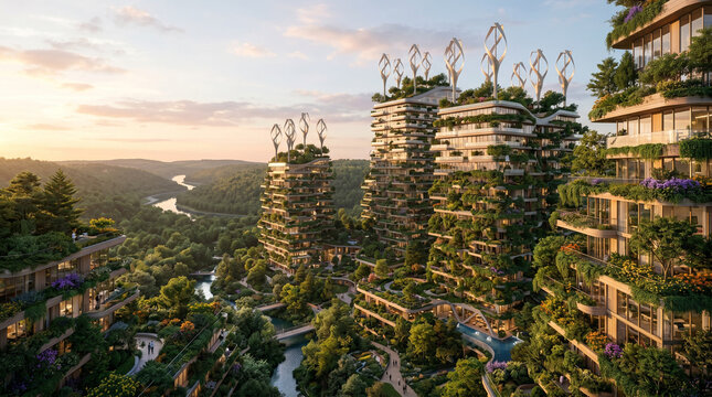 Futuristic green city with vertical gardens and wind turbines, nestled in a lush forest valley.