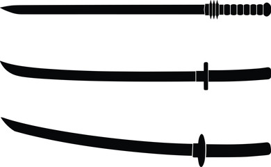 Fototapeta premium Japanese katana sword silhouette collection featuring blade, scabbard, and sheathed weapon isolated on white background for samurai, martial arts, and historical design