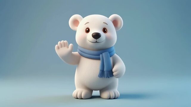 Cute cartoon polar bear wearing a blue scarf waving hello on a soft blue background with cinematic motion