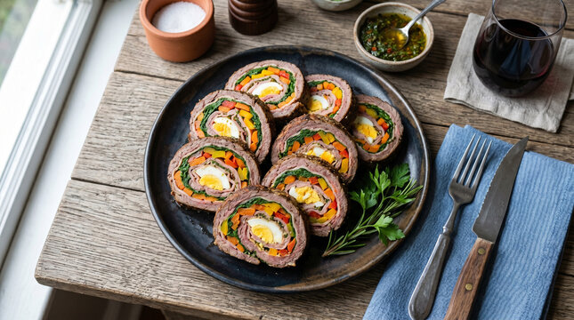 Matambre, stuffed beef roll sliced