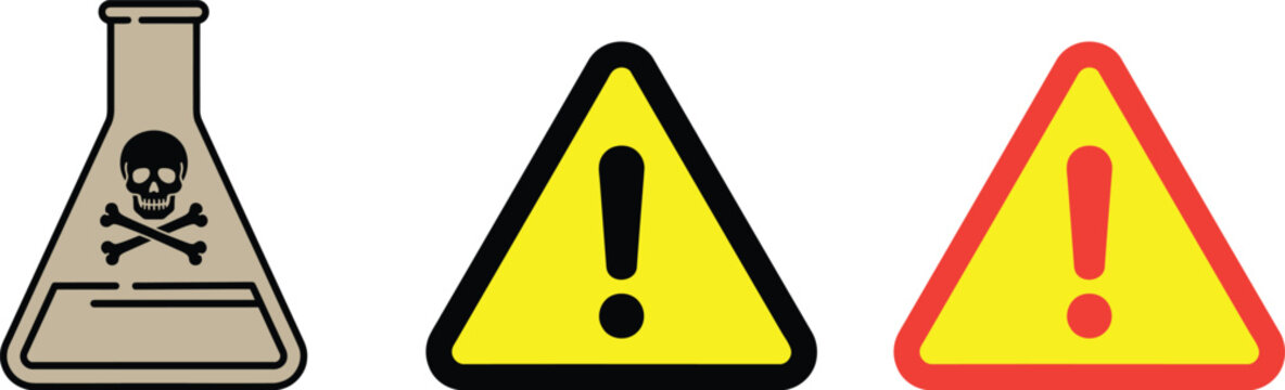Set of warning signs including a toxic chemical flask and two different exclamation mark triangles.